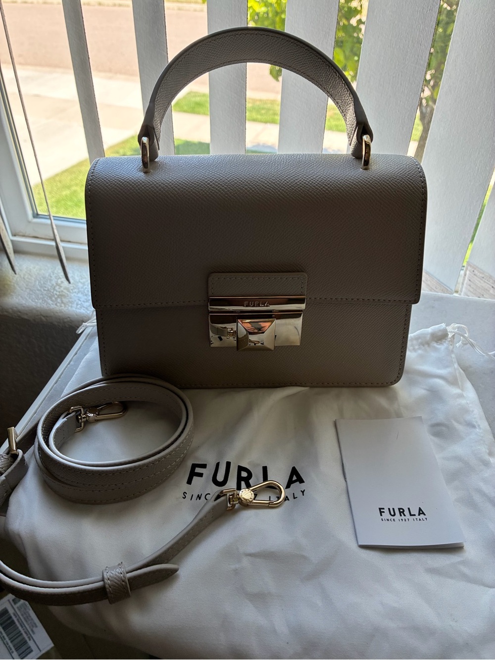 Furla Structured Taupe Crossbody Satchel